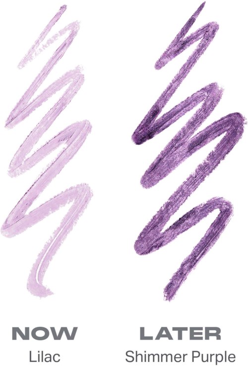 The image shows makeup swatches labeled now and later, with lilac for now and shimmer purple for later.