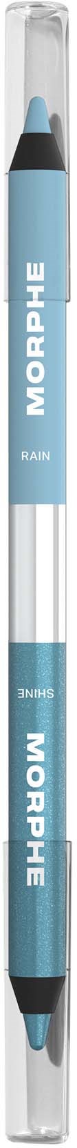 A blue dual-ended makeup pencil with clear casing and the words MORPHE RAIN printed on it.