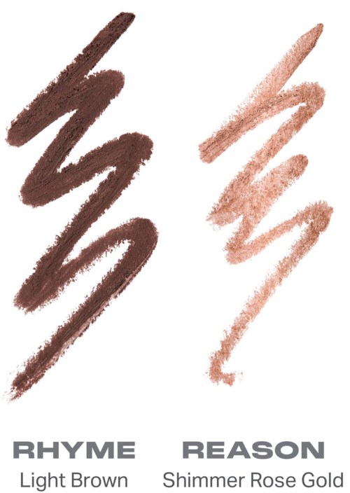 Två uppsättningar av makeup-prov: Ljusbrun märkt Rhyme och skimrande roséguld märkt Reason.