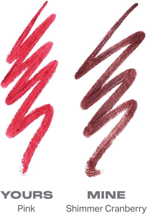 Two sets of crayon strokes labeled Yours and Mine, pink and shimmer cranberry colors respectively.