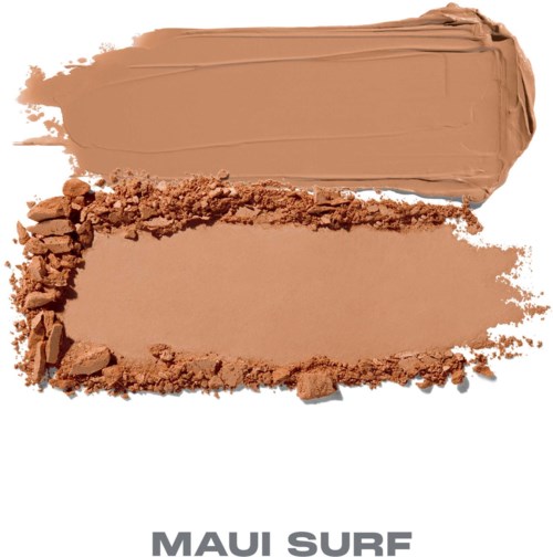 En sminkprov visar ljusbruna och mörkbruna nyanser av puder och kräm. Maui Surf står nedanför.