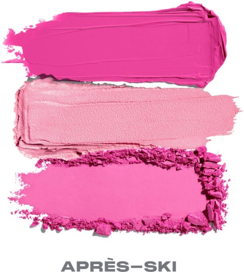 Kolme sävyä pinkkiä meikkiraapustuksia, vaaleasta tummempaan, alareunassa karkeaa tekstuuria. -- APRÈS-SKI.