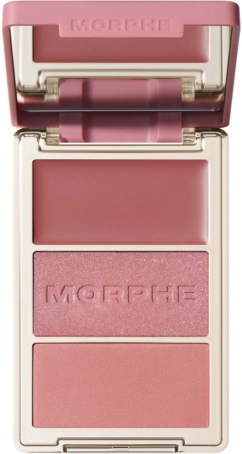 En rosa sminkpalett med tre nyanser av rouge, märkt Morphe, i ett fodral med spegel.