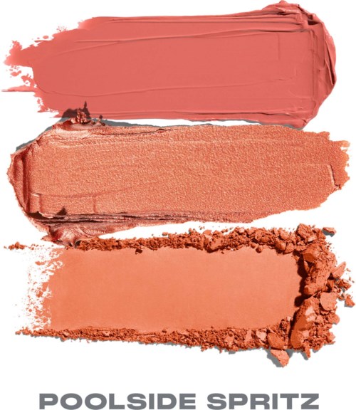 Tre nyanser av persikofärgad makeup, från ljus till matt, med ett krossat puder i botten.