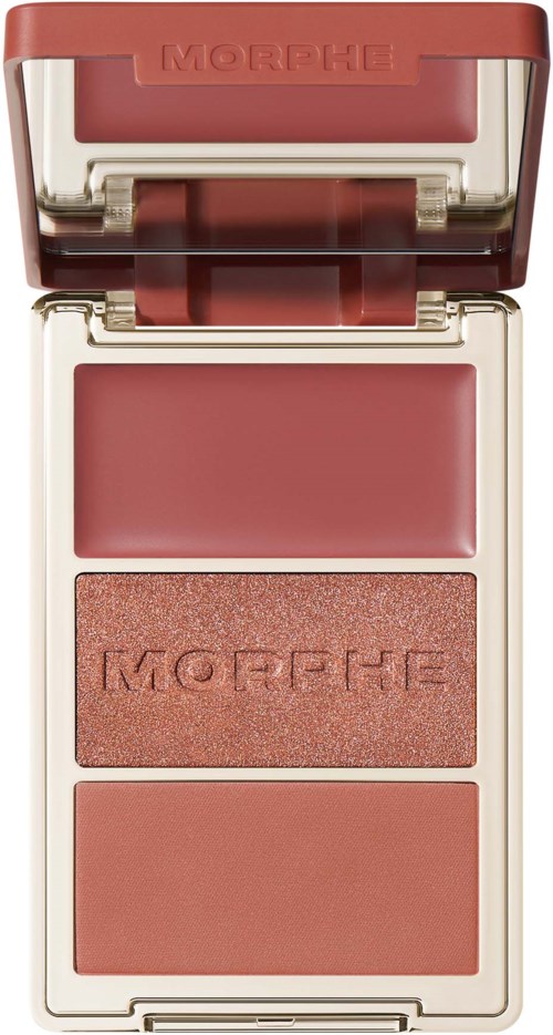 Ett makeup-palett med tre rosa nyanser, en mat, en skimrande och en mörkare. Locket säger MORPHE.