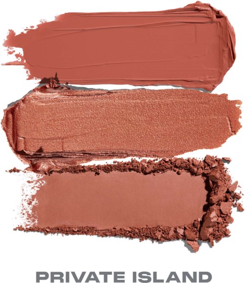 Tre smetas av rosa makeup i olika strukturer, från krämig till puder, med orden Private Island nedan.