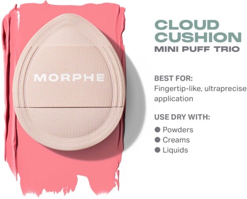 A soft pink cushion with a white oval puff on it, advertisement for makeup blending product. Text explains its use and application.