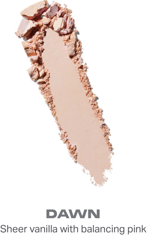 En beige og rosa pulver makeup er spredd ut, merket Dawn, med gjennomsiktighet og en lys rosa tone.