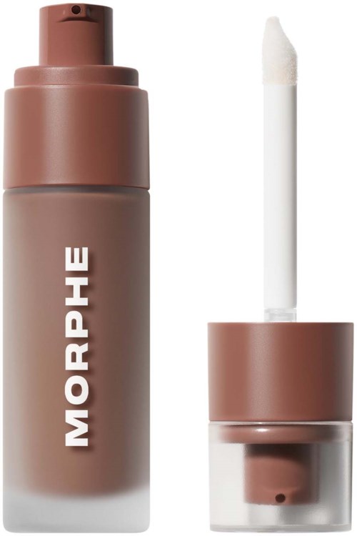 A beige bottle with a pump labeled Morphe, with the cap removed, showing a sponge applicator.