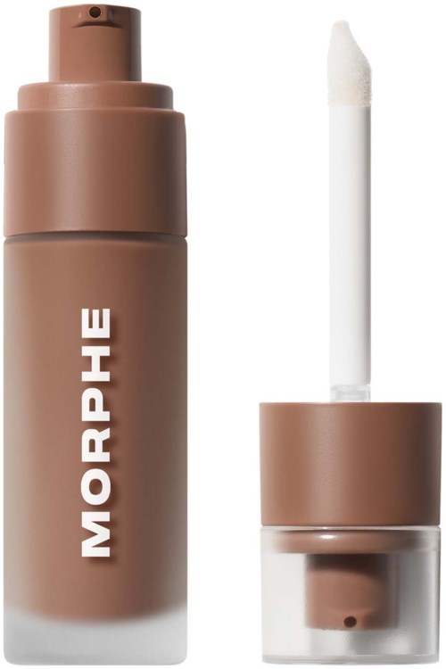 Liquid foundation in a brown pump bottle with a separate applicator stick. Morphe logo on the bottle.