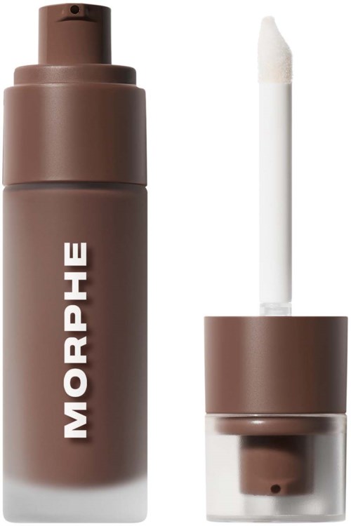Brow gel in a brown bottle with a white wand applicator and the brand name Morphe.