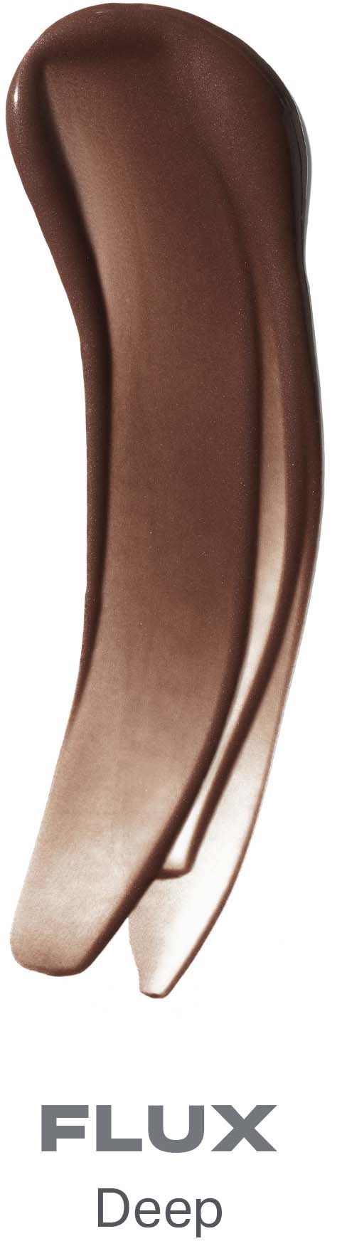A makeup brush with brown and beige gradient bristles and a slender handle, labeled Flux Deep.