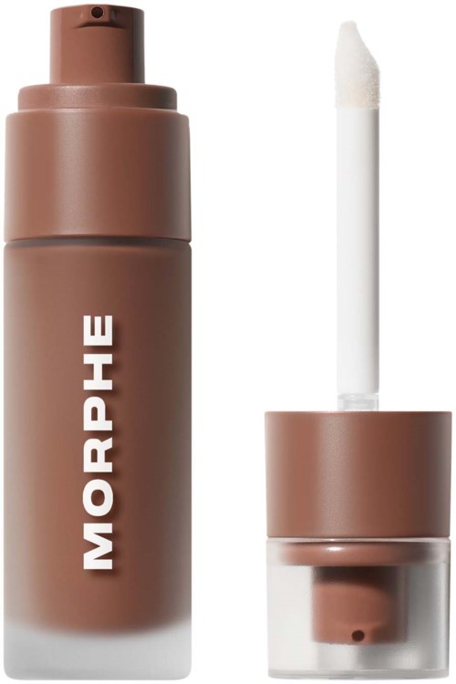 Morphe makeup setting spray in a brown bottle with a white cap and spray nozzle.