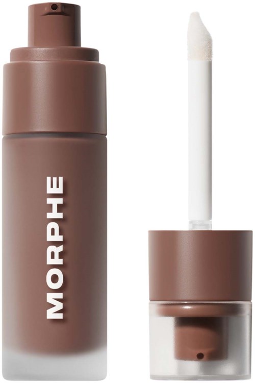 A brown bottle with a white applicator stick showing. The bottle has the brand name MORPHE in white letters.