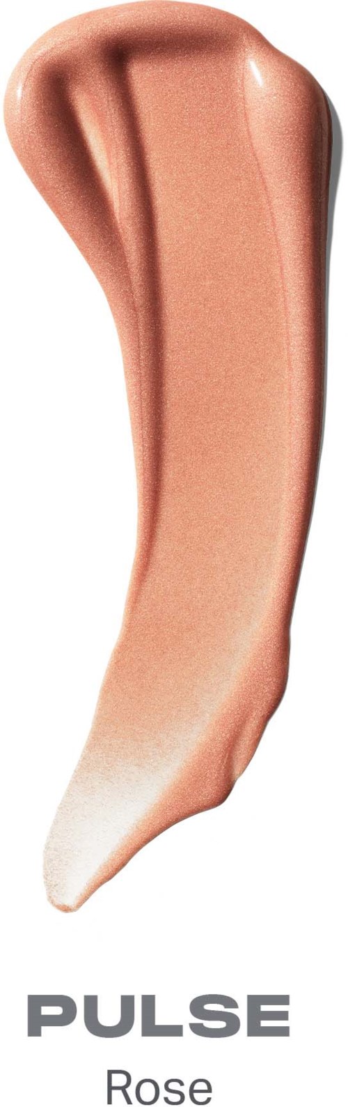 En provsträck av roséfärgad flytande smink med pärlemoeffekt, formad som en böjd streck på vit bakgrund.
