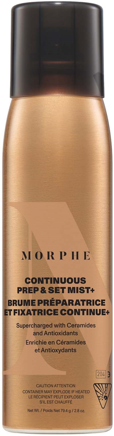 A gold spray bottle with a black cap, labeled Morphe continuous prep and set mist with info on ingredients.