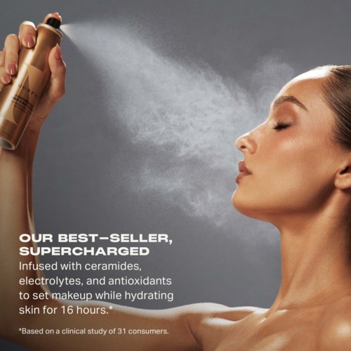 A woman sprays facial mist on her face, promoting a skincare product infused with ceramides and antioxidants.