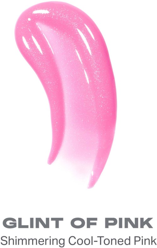 En glänsande, rosa, böjd gel eller läppstift med etiketten GLINT OF PINK, skimrande och kalltonad rosa.