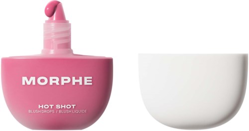 Rosa flaske med Morphe Hot Shot blush drops med lokk og en tom hvit skål ved siden av.