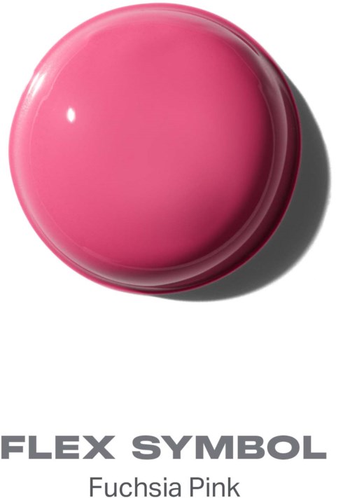 En stor rosa knapp med blank overflate og skygge, merket som Fuchsia Pink, med ordene Flex Symbol under.