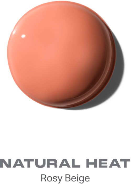 En rund, skinnende beige sminkeprodukt med skygge, med tittelen Natural Heat Rosy Beige.