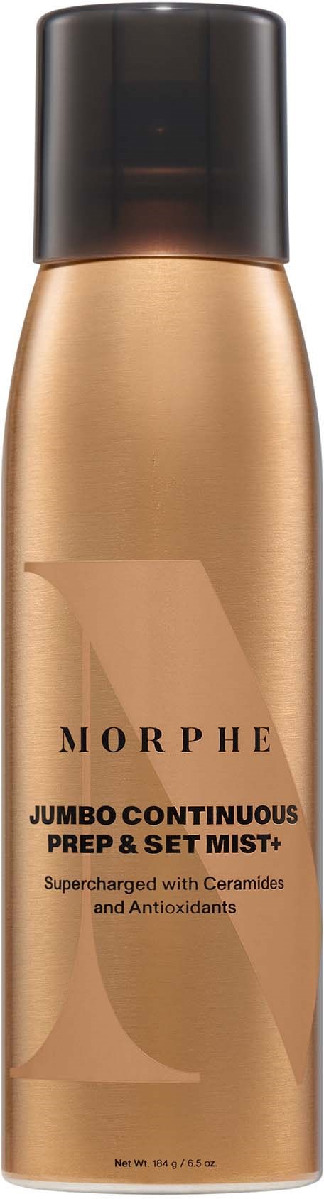 En guldfarvet sprayflaske med sort låg, mærket Morphe jumbo continuous prep og set mist+ til hudpleje.