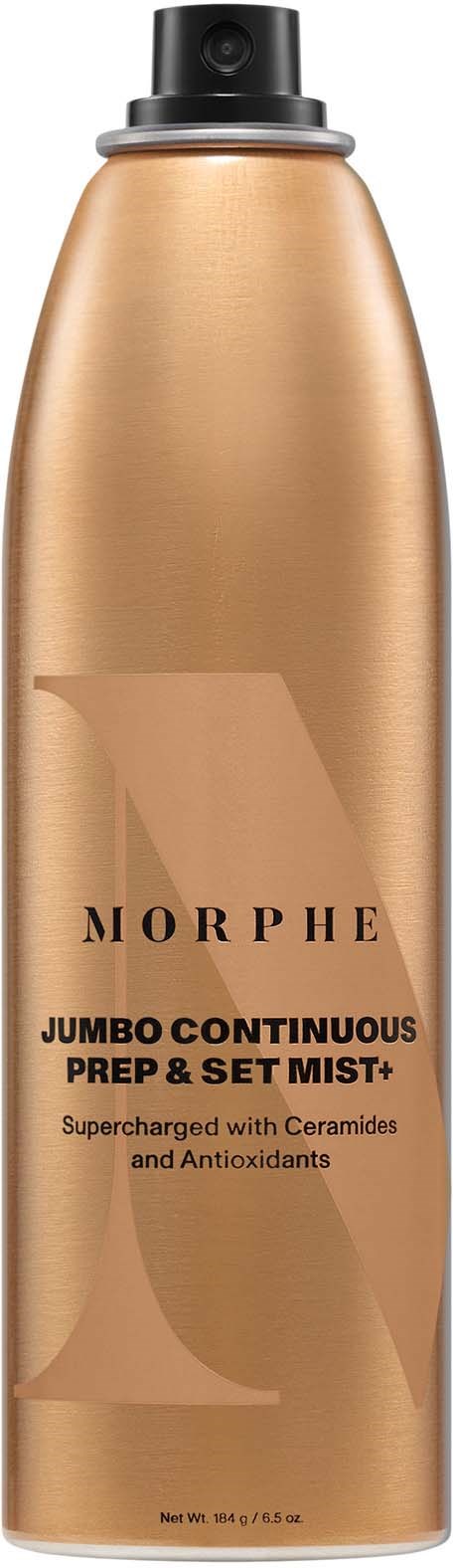 En lang, guld sprayflaske mærket Morphe Jumbo Continuous Prep & Set Mist med sort hæt.
