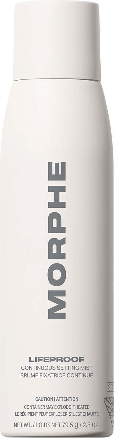 A white spray bottle labeled Morphe Lifereef. It is for continuous setting mist. Warning about pressing too hard.