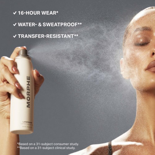 A woman uses spray to protect skin, with claims of 16-hour wear, water resistance, and transfer resistance.