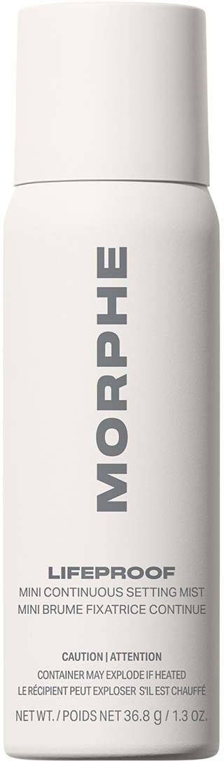 A white spray bottle labeled MORPHE LEFROOF MINI CONTINUOUS SETTING MIST, with a simple design and gray text.
