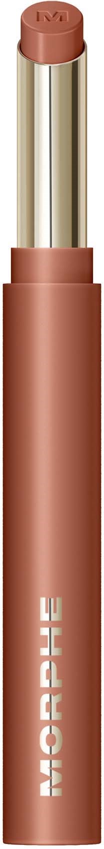 En läppstift i rosa-brun färg, med korken avlägsnad, visar produkten inuti.