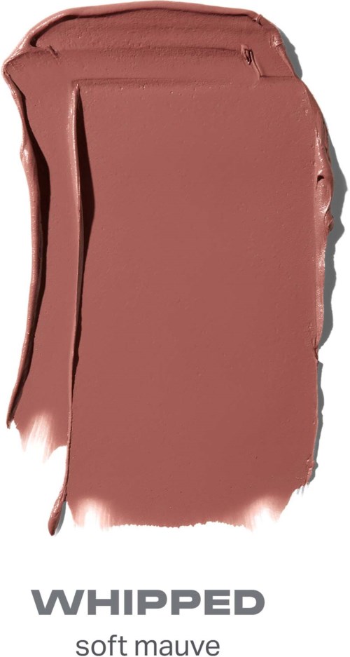 Ett mjukt mauve-färgat sminkprov med ordet WHIPPED under.