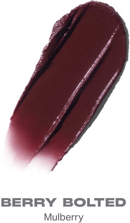 En stor, buet stripe av mørkrød bærfarget maling eller gel med ordene Berry Bolted Mulberry under.