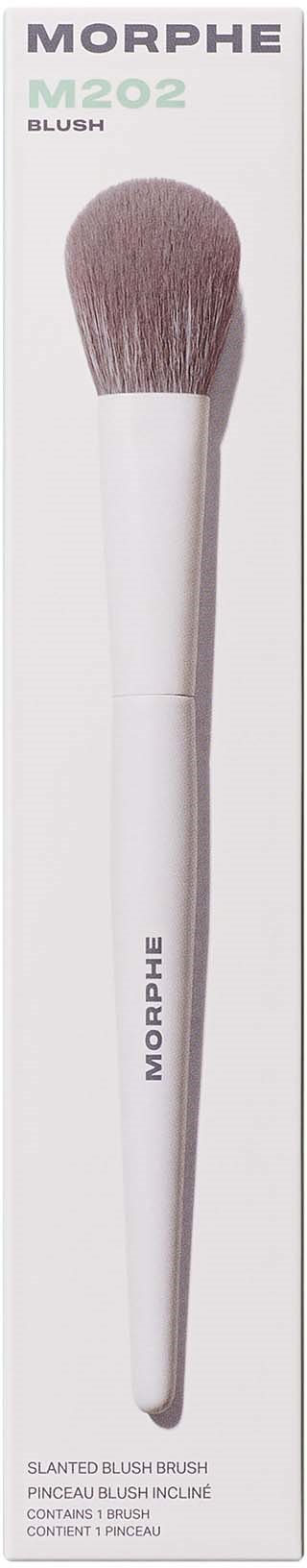 A makeup brush labeled Morphe M402 Blush with a pinkish brush and white handle.