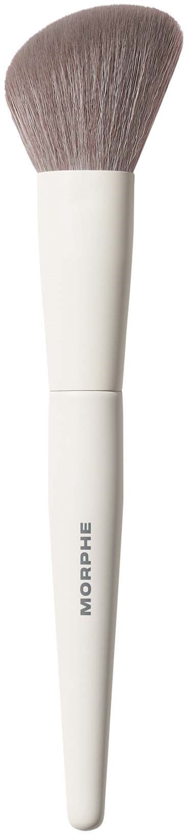 A white makeup brush with soft gray bristles and the brand name Morphe on the handle.