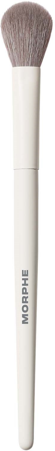 Een witte en grijze make-upborstel met een ronde top en het woord MORPHE op de handgreep.