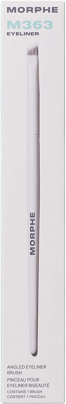 En vit förpackning innehåller en lång, smal makeupborste märkt Morphe M363 Eyeliner. Den är avsedd för exakt ögonmakeup.