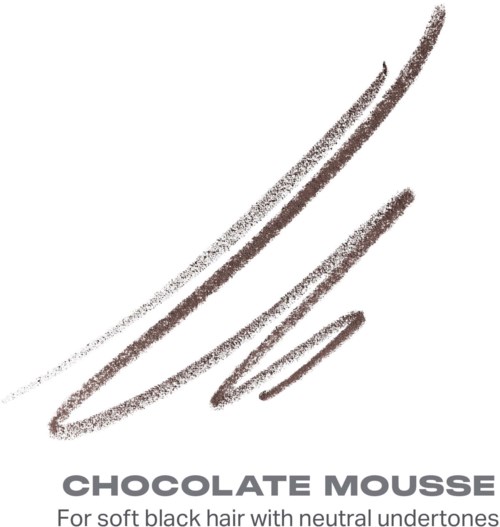 A logo with three sweeping brown lines and the words Chocolate Mousse for soft black hair with neutral undertones.
