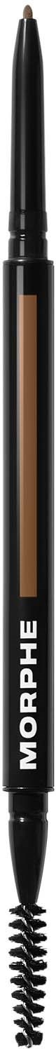 A dual-ended eyebrow pencil with one side having a spoolie brush and the other side a pencil.