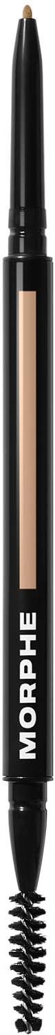 A dual-ended brow pencil with a retractable tip and a small spoolie brush for grooming eyebrows.