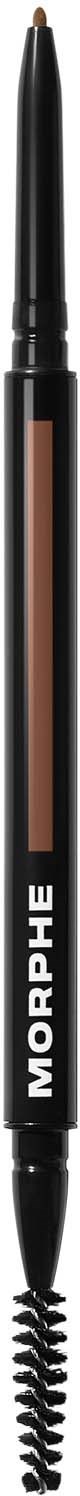 An eyebrow brush with a spoolie on one end and an eyebrow pencil on the other.