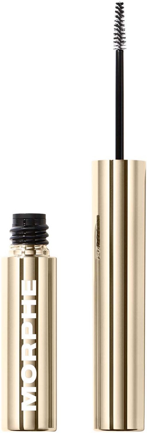 A gold mascara tube with the word MORPHE written on it, with the cap removed and wand showing.