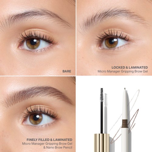 Comparison of eyebrows: bare, locked and laminated, and filled and laminated with makeup tools and pencil.