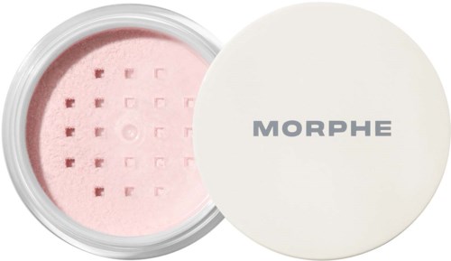Rosa ansiktspek under lock i en vit rund behållare med skjutlock och Morphe-logga.