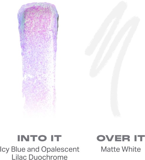 Bildet visar beskrivningar av två makeup-produkter, en med blå och opalescent färg, den andra matt vit.
