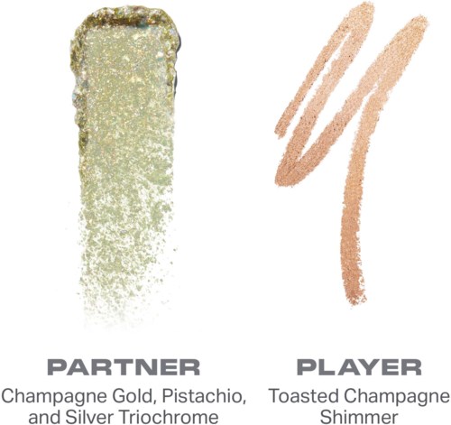 Två makeupprover märkta som Partner och Player, med metalliska och skimrande effekter, relaterade till champagn- och pistagefärger.