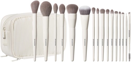 Samling av olika makeupborstar med en vit blixtlåspåse, uppradade prydligt.