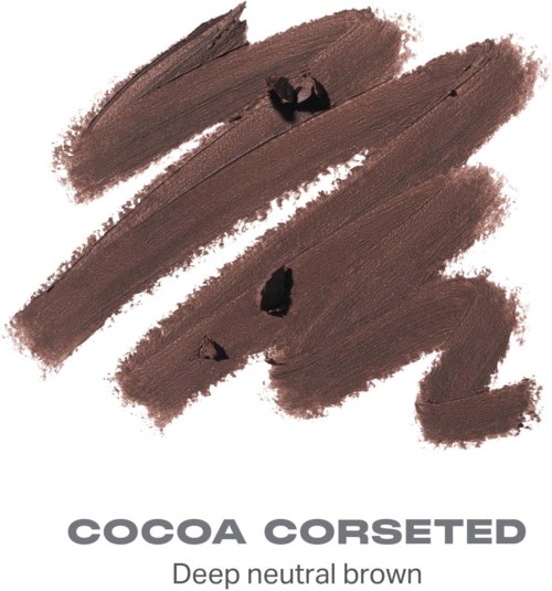 Prøver af dyb neutral brun makeup. Produktnavnet og beskrivelsen siger cocoa corseted.