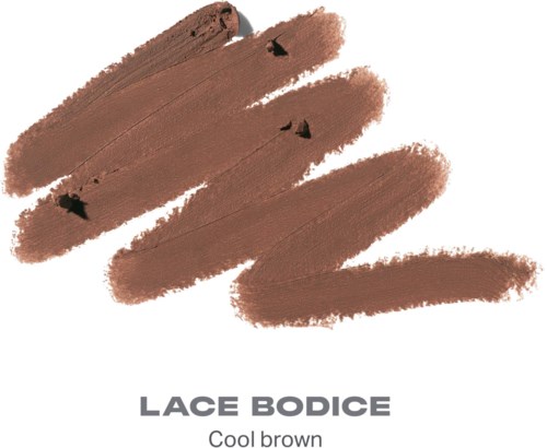 Prøver af brunt læbestift med etiketten Lace Bodice og beskrivelsen Cool brown.