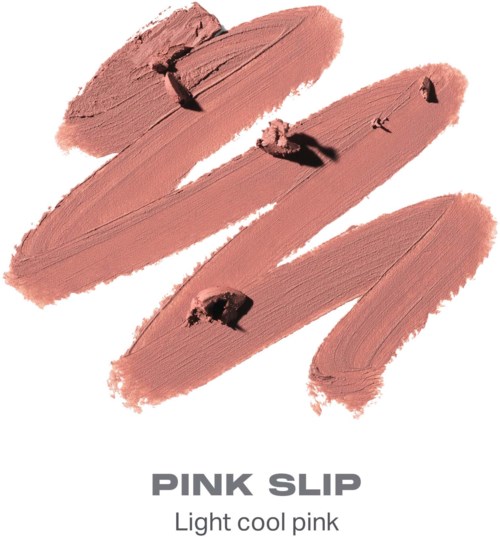 Fire prøver af lys kold pink læbestift er smurt ud på hvid baggrund, med etiketten Pink Slip nedenfor.